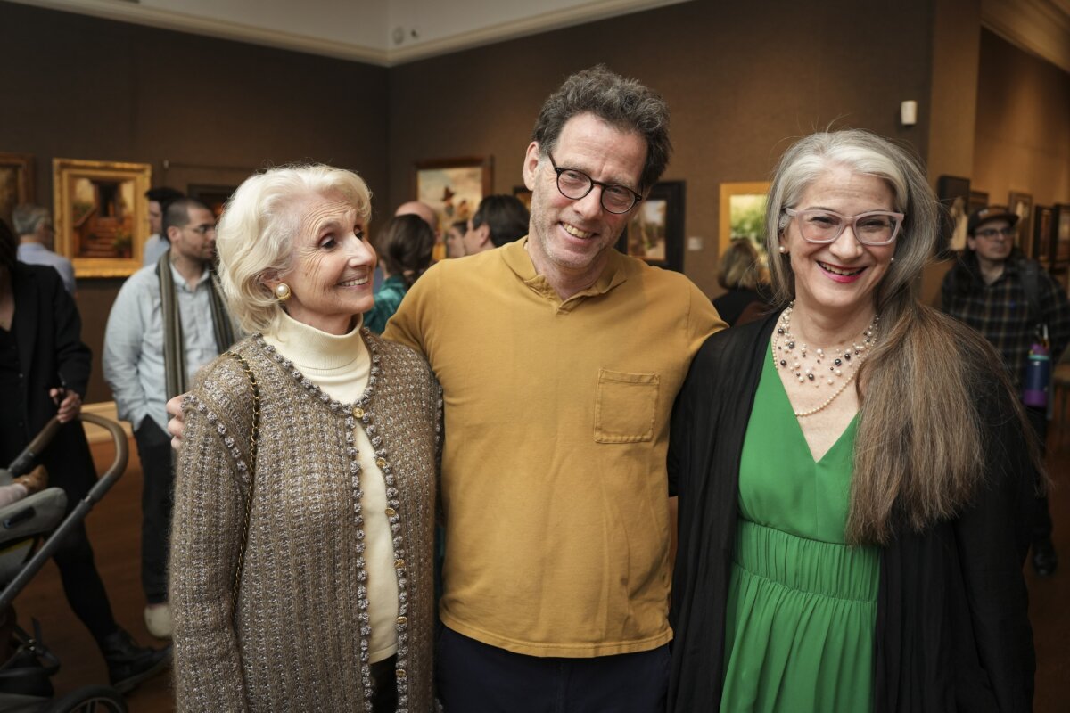 Judith Pond Kudlow, Jacob Collins, and Milène J. Fernández at the reception of The Third Annual Hartley Invitational exhibition and sale at The Salmagundi in New York City on May 9, 2024.