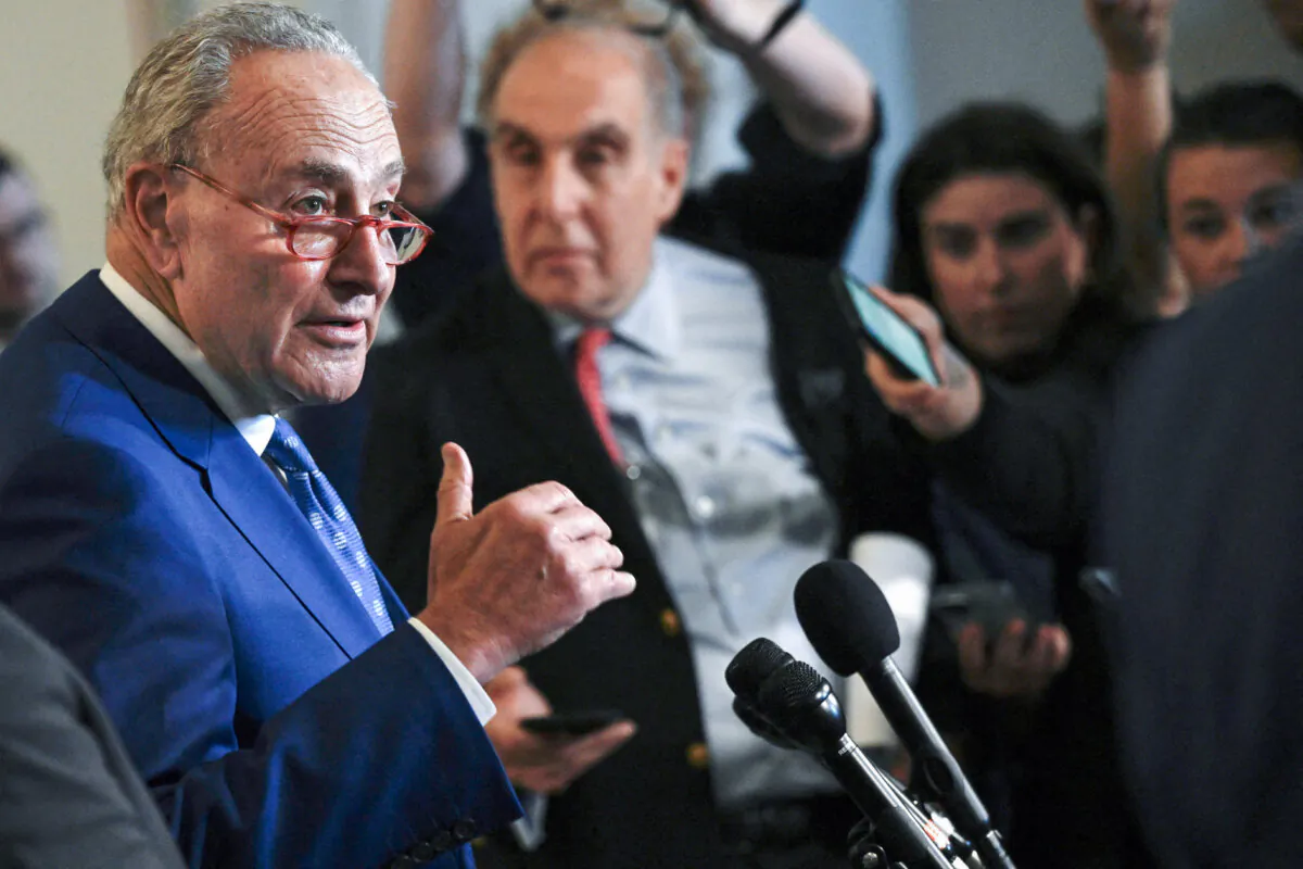 Senate Majority Leader Chuck Schumer speaks to the press after a Senate bipartisan Artificial Intelligence (AI) Insight Forum at the U.S. Capitol in Washington on Sept. 13, 2023. (Andrew Caballero-Reynolds/AFP via Getty Images)