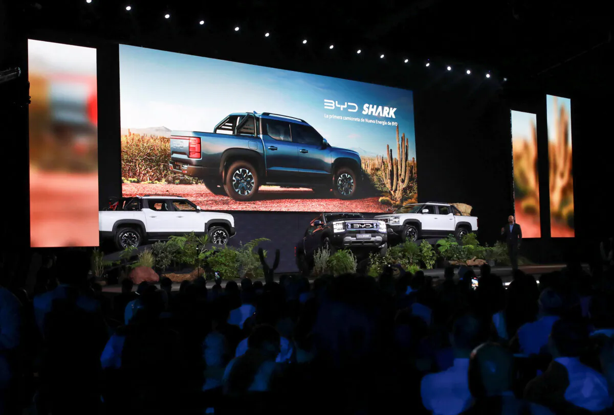 Chinese EV maker BYD launches its new truck, the BYD Shark, on the Mexican market in an event in Mexico City on May 14, 2024. (Henry Romero/Reuters)