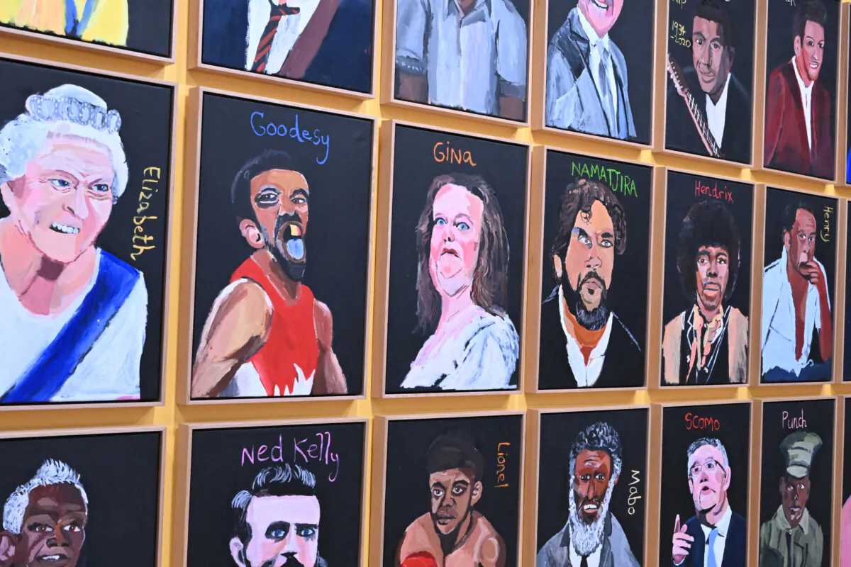 An artwork titled ‘Australia in Colour, 2021’ by artist Vincent Namatjira, which includes a portrait of Gina Rinehart is seen at the National Gallery of Australia, Canberra on May 15, 2024. (AAP Image/Lukas Coch)