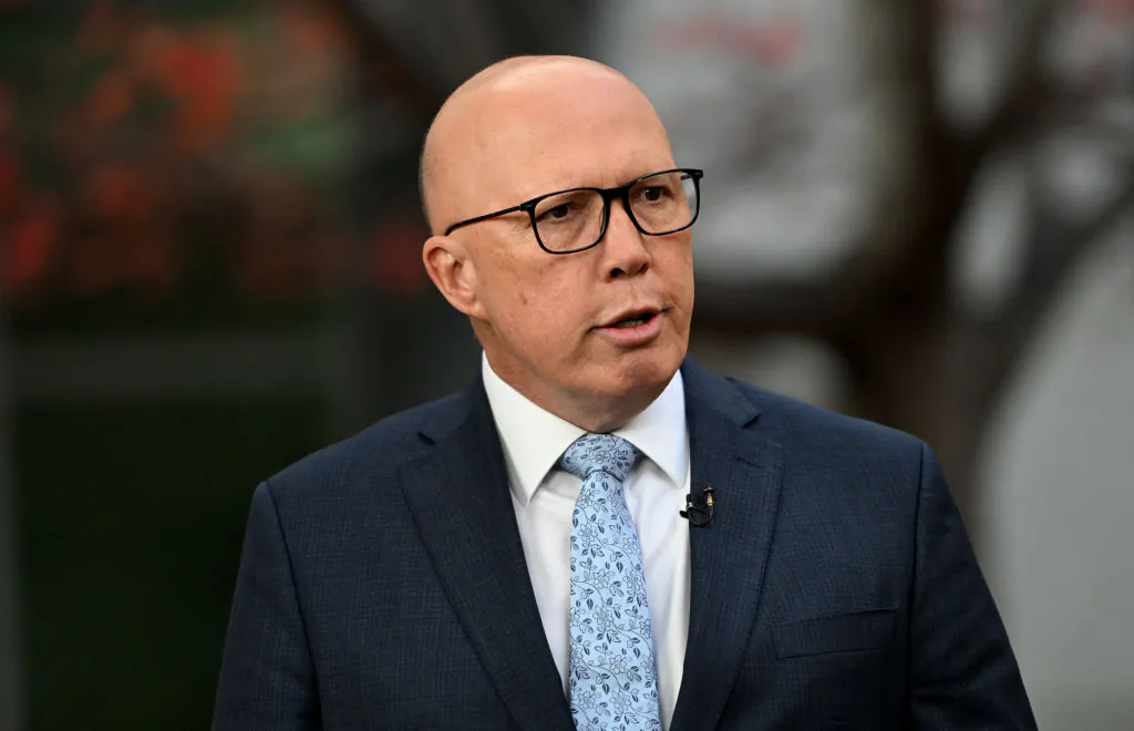 Australian Opposition Leader Peter Dutton during post Budget media interviews at Parliament House in Canberra, Australia on May 15, 2024. (Tracey Nearmy/Getty Images)