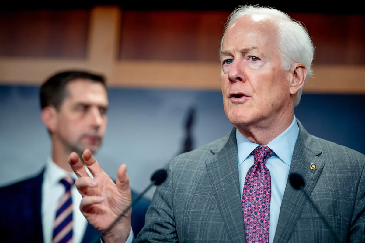 Sen. John Cornyn (R-Texas) accompanied by Sen. Tom Cotton (R-Ark.) speaks during a news conference on Capitol Hill in Washington on May 1, 2024. (Andrew Harnik/Getty Images)