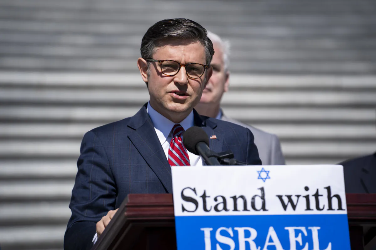House Speaker Mike Johnson (R-La.) speaks during a news conference urging the Senate to take up the Israel Security Assistance Support Act outside the U.S. Capitol's House of Representatives steps on May 16, 2024. (Madalina Vasiliu/The Epoch Times)