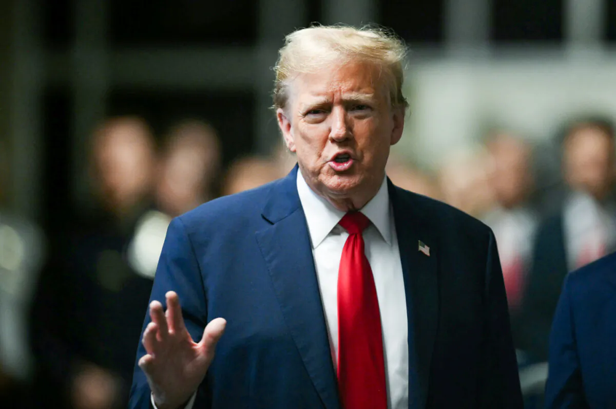 Former President Donald Trump speaks to the media during his trial for allegedly covering up payments at Manhattan Criminal Court in New York City on May 16, 2024. (Angela Weiss-Pool/Getty Images)