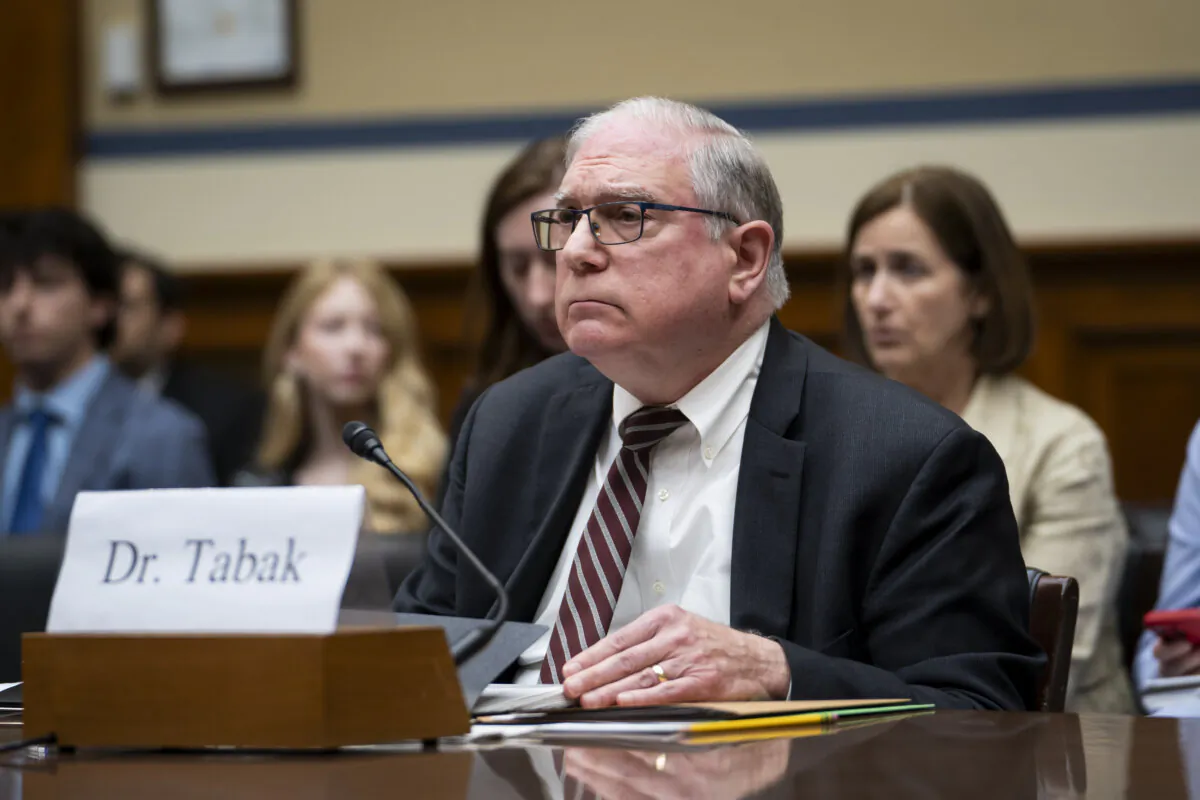 Principal deputy director of the National Institutes of Health, Lawrence Tabak, testifies before the Committee on Oversight and Accountability in Washington on May 16, 2024. (Madalina Vasiliu/The Epoch Times)