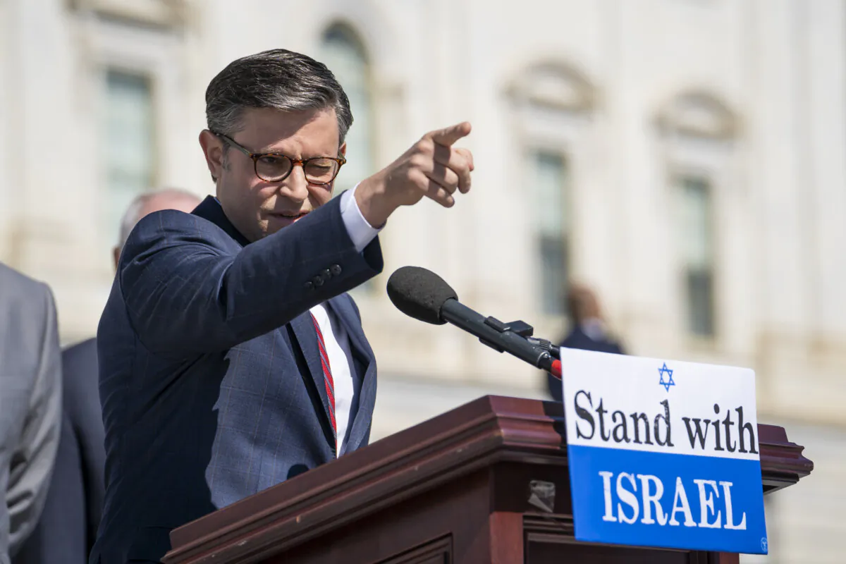 House Speaker Mike Johnson (R-La.) speaks during a press conference urging the Senate to take up the Israel Security Assistance Support Act outside the U.S. Capitol House of Representatives steps in Washington on May 16, 2024. (Madalina Vasiliu/The Epoch Times)