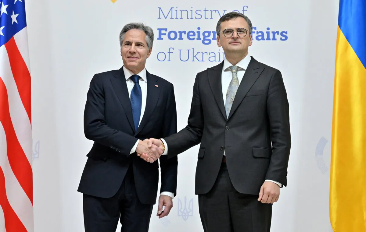 U.S. Secretary of State Antony Blinken (L) and his Ukrainian counterpart Dmytro Kuleba shake hands prior their talks in Kyiv, Ukraine, on May 15, 2024. (Sergei Supinsky/AFP via Getty Images)