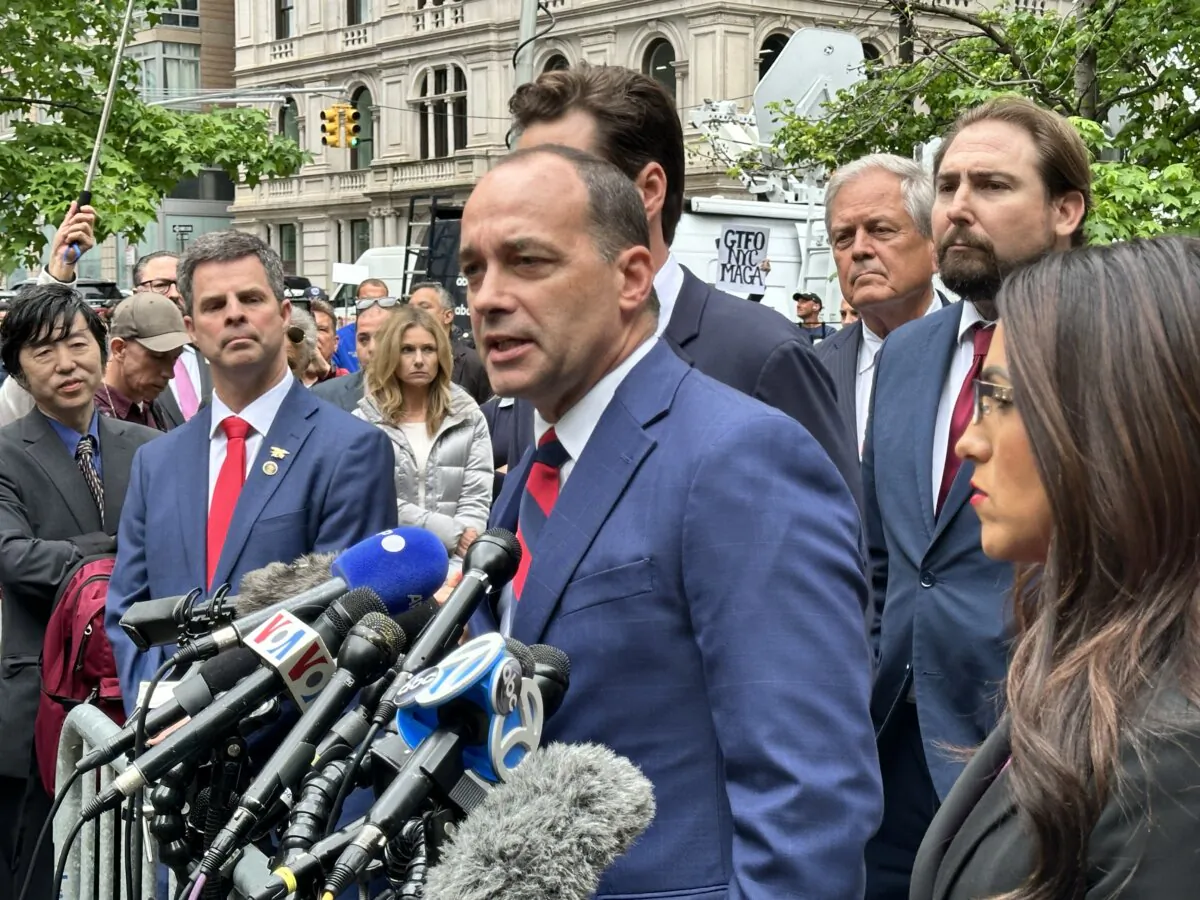 Rep. Bob Good (R-Va.) expressing support for former President Donald Trump outside Manhattan Criminal Court in New York City on May 16, 2024. (Juliette Fairley/The Epoch Times)
