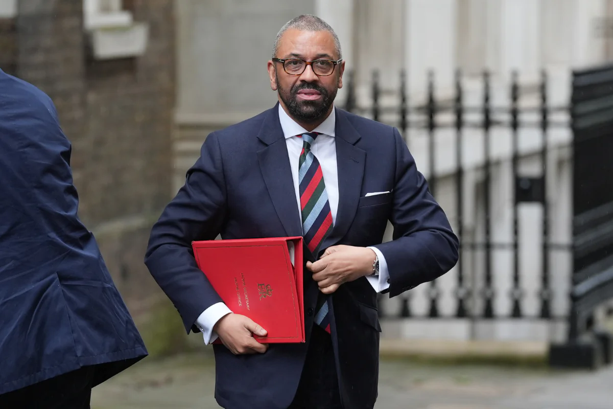 Then-Home Secretary James Cleverly arriving in Downing Street for a Cabinet meeting in London on May 14, 2024. (Lucy North/PA)

