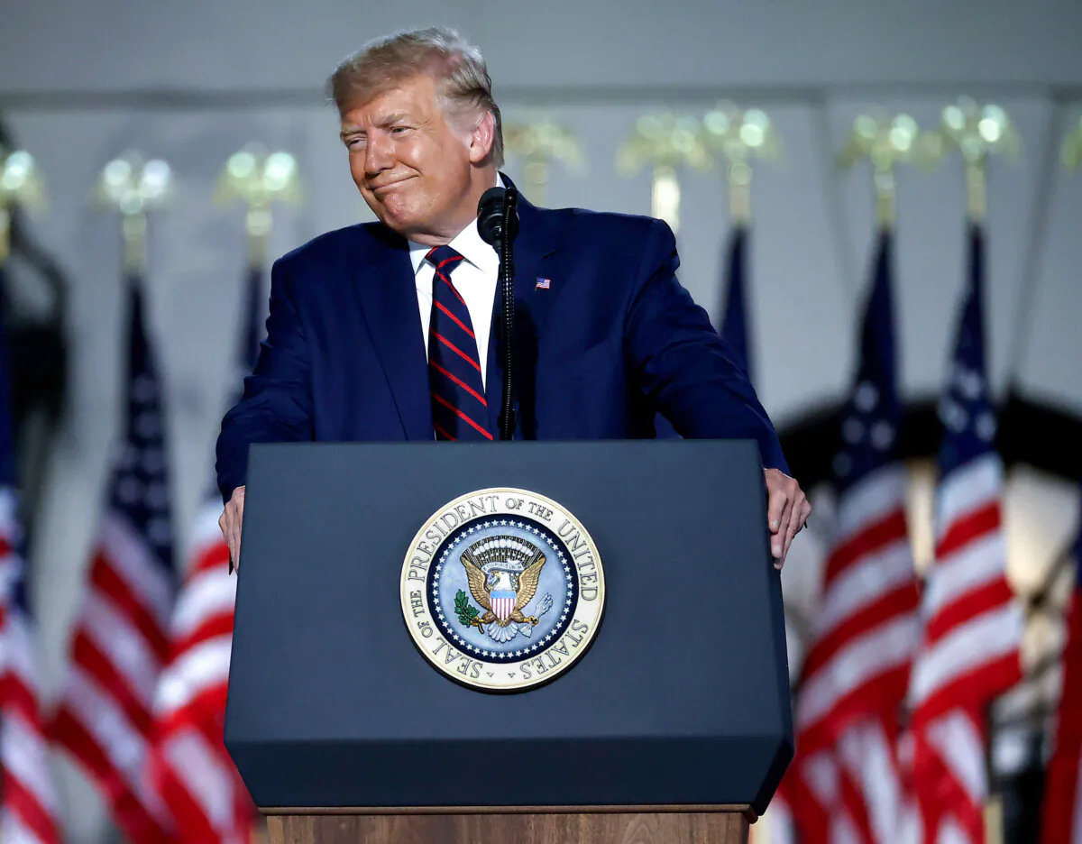 President Donald Trump delivers his acceptance speech for the Republican presidential nomination on the South Lawn of the White House on Aug. 27, 2020. (Chip Somodevilla/Getty Images)
