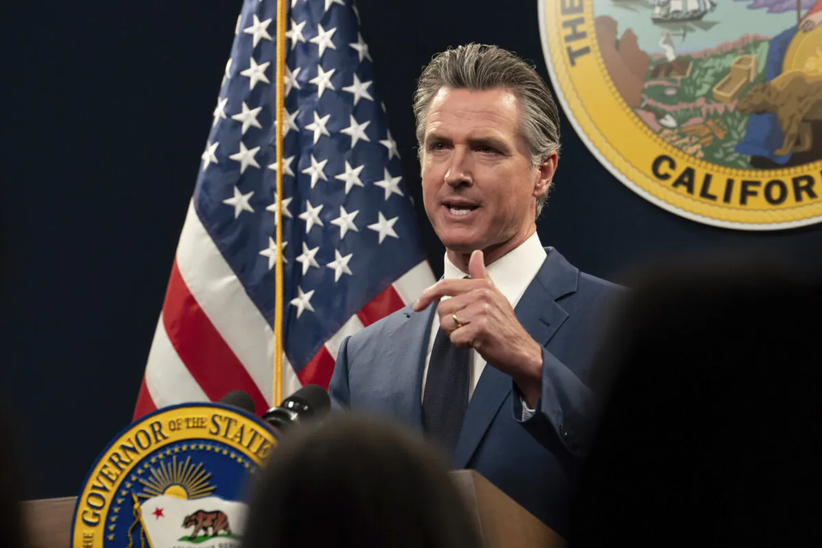 California Gov. Gavin Newsom answers a reporter's question about his revised 2024-25 state budget during a news conference in Sacramento, Calif., on May 10, 2024. (Rich Pedroncelli/AP Photo)