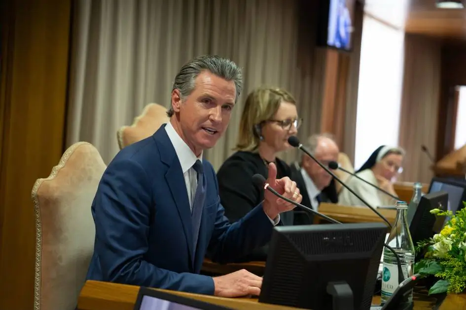 California Gov. Gavin Newsom speaks before other governors, mayors and civic and faith leaders from around the globe at the Vatican Climate Summit on May 16, 2024. (Office of Governor Gavin Newsom)