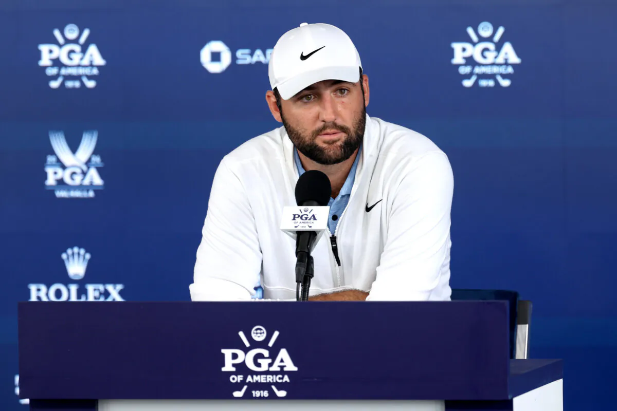 Scottie Scheffler of the United States speaks to the media during a press conference during the second round of the 2024 PGA Championship at Valhalla Golf Club in Louisville, Ky., on May 17, 2024. (Patrick Smith/Getty Images)