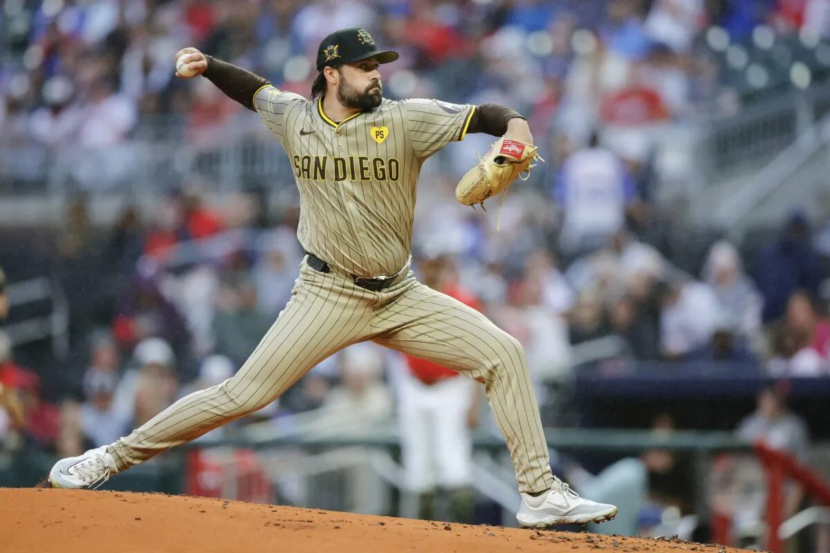 Matt Waldron (61) of the San Diego Padres pitches during the first inning against the Atlanta Braves in Atlanta on May 17, 2024. (Alex Slitz/Getty Images)