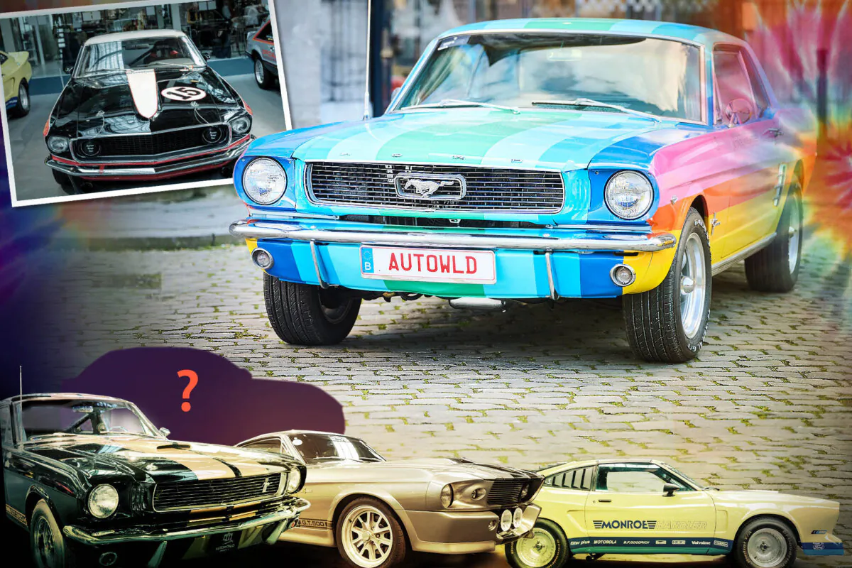 (Top) Autoworld's 1966 Mustang promo car decked in a “very spectacular color scheme;” (Below) Ford Mustangs across the decades. (Illustration by The Epoch Times, Courtesy of Autoworld Brussels)