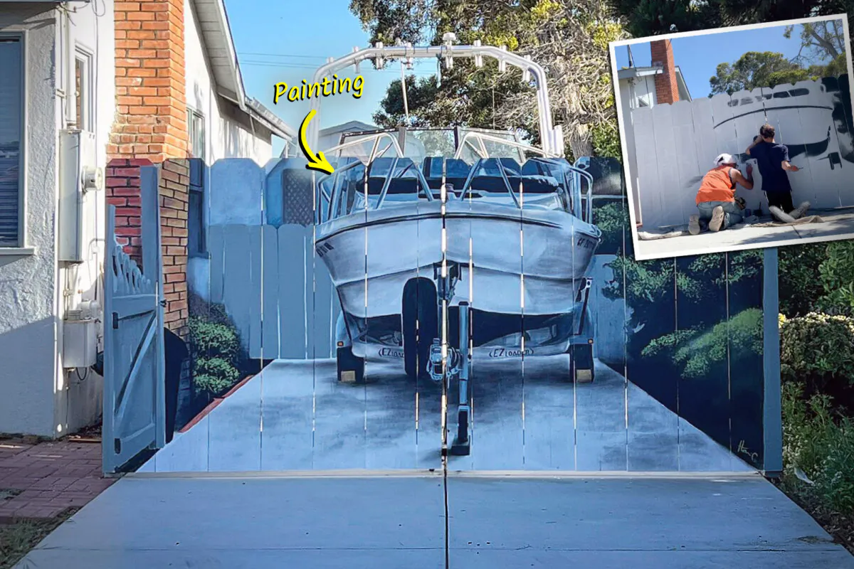 A Seaport, California, boat owner had his boat painted on his fence after municipal officials forced him to enclose his boat according to code. (Illustration by The Epoch Times, Courtesy of @hanifwondir)