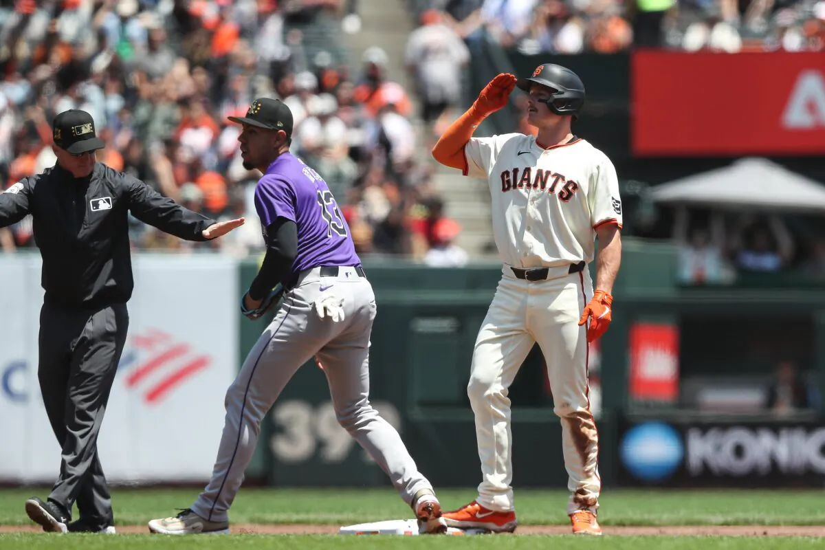 Matt Chapman (26) of the San Francisco Giants celebrates hitting a double against the Colorado Rockies in the bottom of the first inning in San Francisco on May 18, 2024. (Kavin Mistry/Getty Images)
