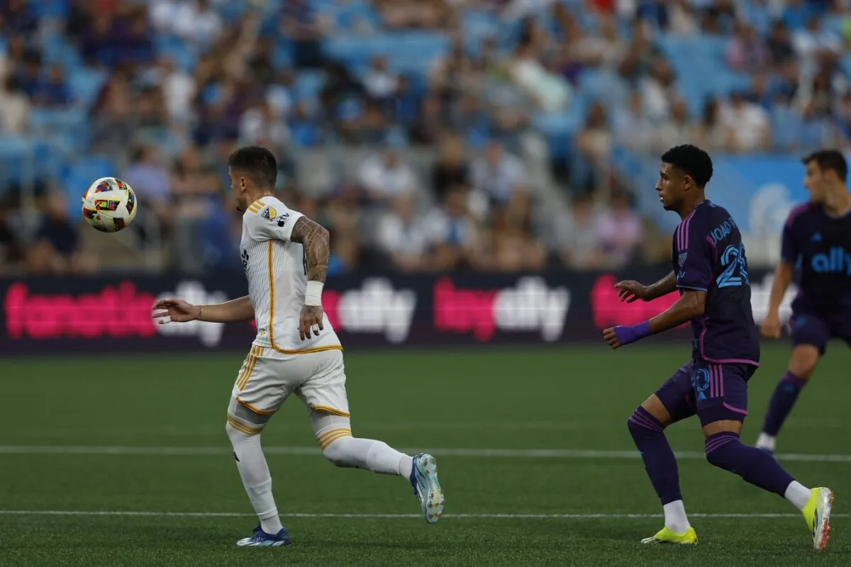LA Galaxy forward Gabriel Pec (11) chases a ball during the first half against Charlotte FC in Charlotte on May 18, 2024. (Nell Redmond/USA TODAY Sports via Field Level Media)