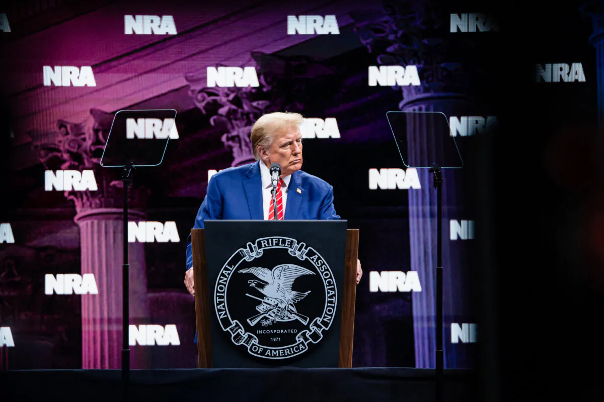 Former President Donald J. Trump speaks at the National Rifle Association (NRA) meeting at the Kay Bailey Hutchison Convention Center in Dallas, Texas, on May 18, 2024. (Madalina Vasiliu/The Epoch Times)