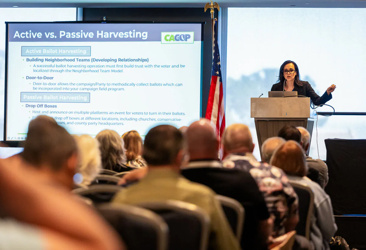 California GOP Chairwoman Jessica Millan Patterson speaks about legal ballot harvesting at the 2024 California Republican Party convention in Burlingame, Calif., on May 17, 2024. (John Fredricks/The Epoch Times)