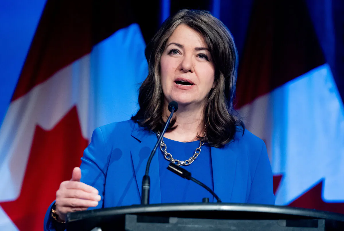Alberta Premier Danielle Smith delivers a speech prior to a fireside chat during a Canada Strong and Free Network event in Ottawa on April 12, 2024. (The Canadian Press/Spencer Colby)