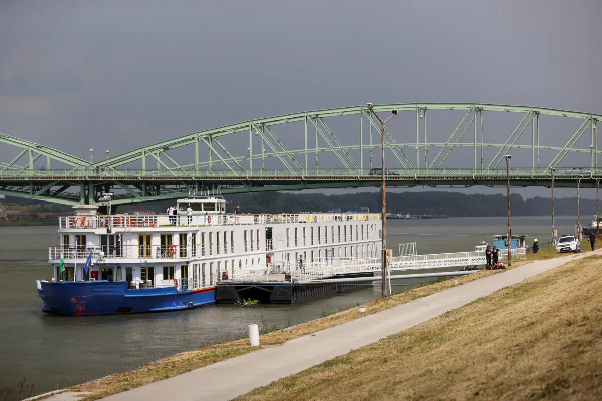 The cruise ship "Heidelberg," which was involved in a Danube River accident earlier, in Komarom, Hungary, on May 19, 2024. (Bernadett Szabo/Reuters)