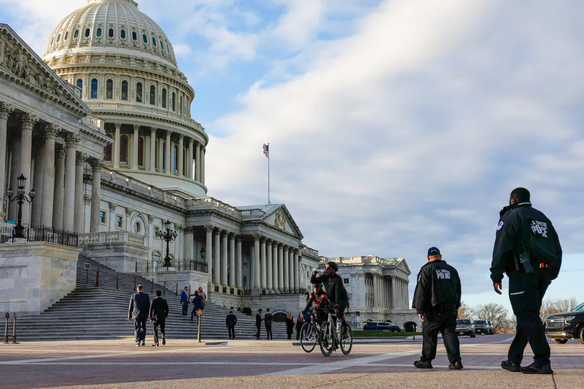 U.S. Capitol Police officers patrol the East Front plaza of the U.S. Capitol on March 7, 2024. (Photo by Anna Moneymaker/Getty Images)