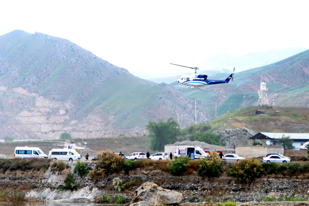 A helicopter carrying Iranian President Ebrahim Raisi takes off on May 19, 2024. (Ali Hamed Haghdoust/IRNA/WANA via Reuters)