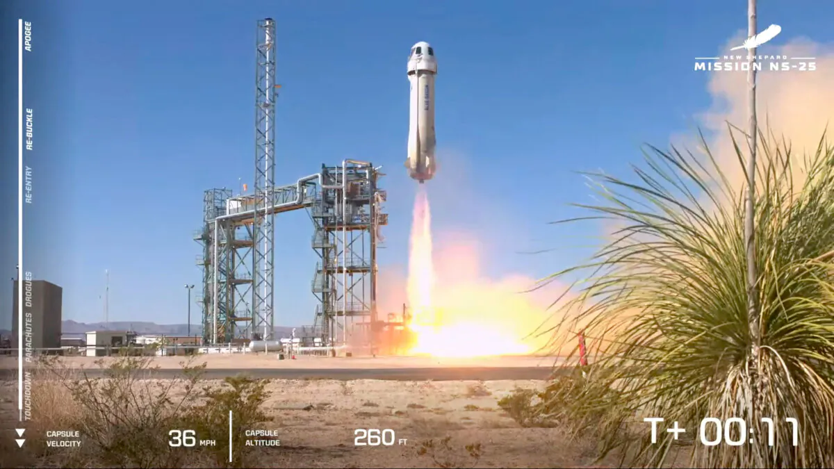 Jeff Bezos-backed Blue Origin resumes its flights to the edge of space, carrying six people seated in a capsule atop the New Shepard rocket, ending a near two-year pause of crewed operations following a 2022 mission failure in Van Horn, Texas, on May 19, 2024 in a still image from video.  (Blue Origin/Handout via Reuters)