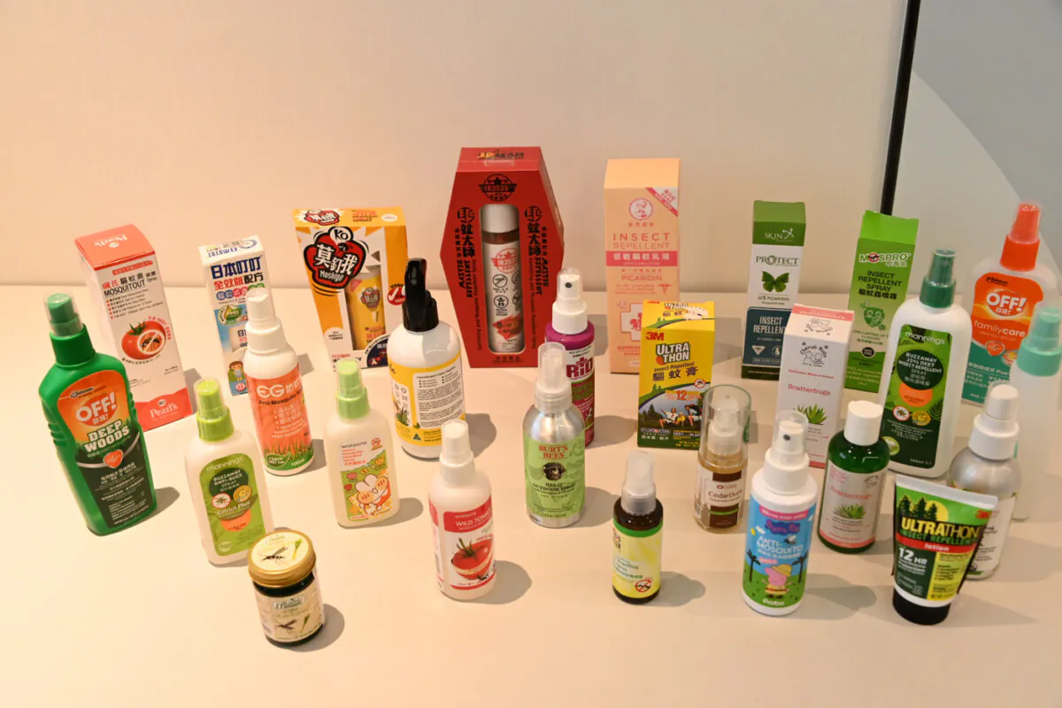 The Consumer Council evaluated 25 mosquito repellents on the market and found that nearly 90 percent of them containing DEET or picaridin still provided 80 percent or more protection four hours after application. Samples claiming to be "natural" or "herbal" were shown to be less effective repellents against Aedes aegypti (yellow fever) mosquito. (Bill Cox/The Epoch Times)