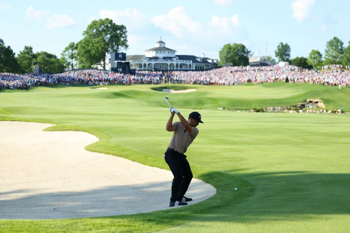 Xander Schauffele of the United States plays an approach shot from the 18th fairway during the final round of the 2024 PGA Championship in Louisville, Ky., on May 19, 2024. (Andrew Redington/Getty Images)