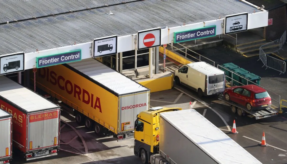 Undated image of lorries queueing for the frontier control area at the port of Dover in Kent, England. (PA)