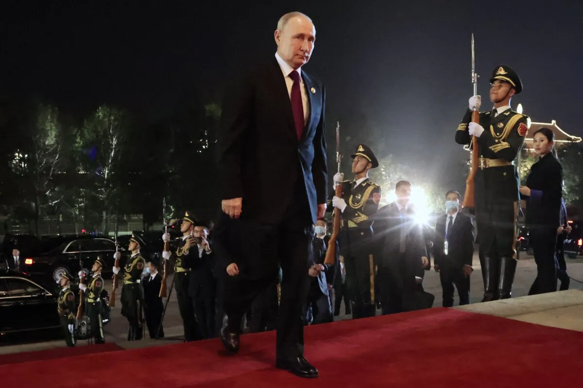Russian President Vladimir Putin arriving for a welcoming ceremony for heads of delegations participating in the Third Belt and Road Forum in Beijing on Oct. 17, 2023. (Konstantin Zavrazhin/Pool/AFP via Getty Images)