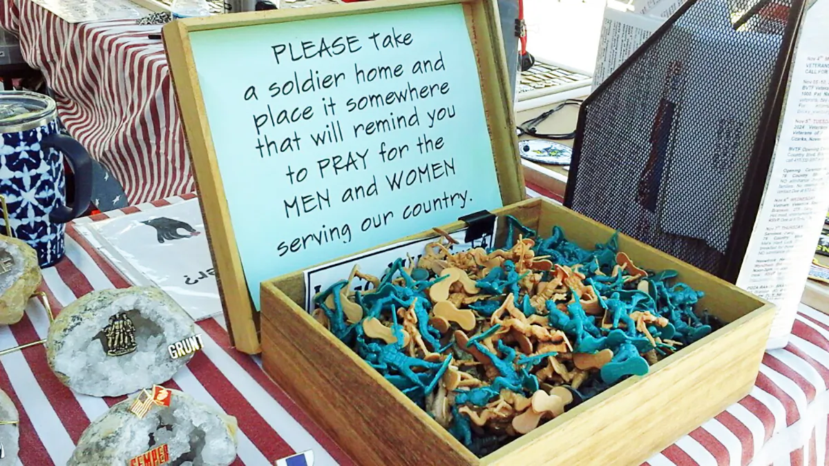 The POW Network invites people attending the Plumb Nellie Days Festival in Branson, Mo., on April 21 to take a toy soldier as a reminder of the men and women serving in the military. (Courtesy of Mary Schantag)
