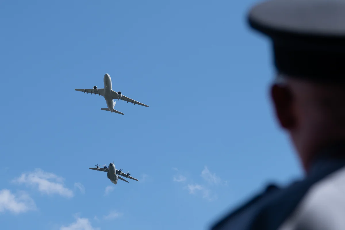 An RAF Voyager and A400 take part in a rehearsal for the official coronation flypast, at RAF College Cranwell, Sleaford, Lincolnshire, England, on April 25, 2023. (PA Wire/PA Images)