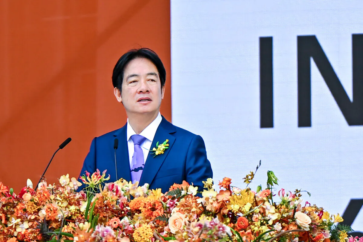 Taiwanese President Lai Ching-te delivers his inaugural speech after being sworn into office during the inauguration ceremony at the Presidential Office Building in Taipei, Taiwan, on May 20, 2024. (Sung Pi-lung/The Epoch Times)