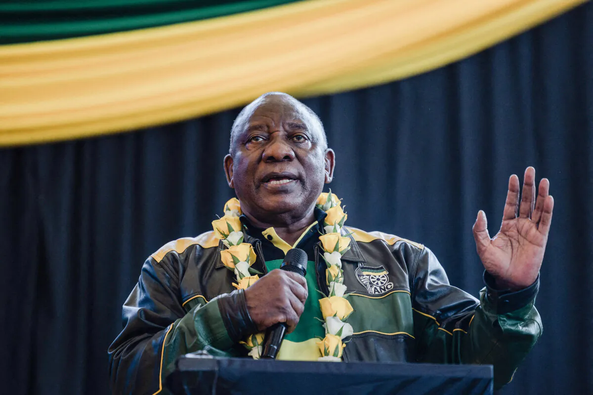 South African President Cyril Ramaphosa addresses new members of the African National Congress  during an election campaign ahead of the 2024 general elections, north of Durban, on May 14, 2023. (Rajesh Jantilal/AFP via Getty Images)