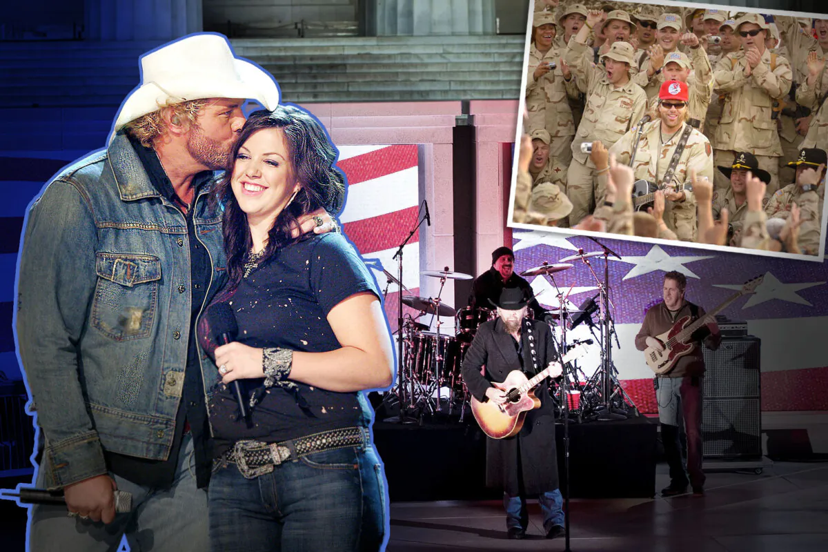 (Front) The late country singer Toby Keith and his daughter, Krystal Keith, perform together onstage; (Background) Toby Keith (Second From Right) performs for President-elect Donald Trump and his family during a welcome celebration at the Lincoln Memorial in Washington, D.C., in January 2017; (Inset) Toby Keith performs for U.S. troops at Camp Victory in Baghdad, Iraq, in 2005. (Illustration by The Epoch Times, Getty Images)
