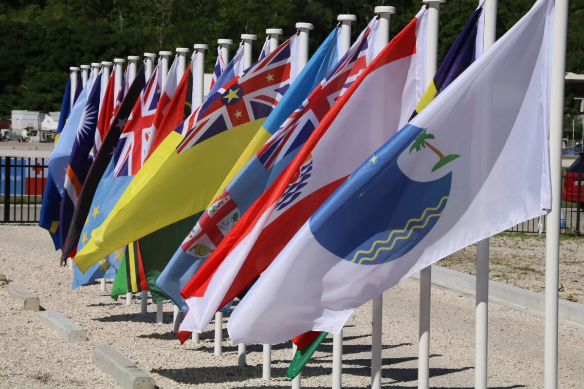 Flags from the Pacific Islands countries being displayed in Yaren on the last day of the Pacific Islands Forum (PIF), in Nauru, on Sept. 5, 2018. (Mike Leyral/AFP via Getty Images)