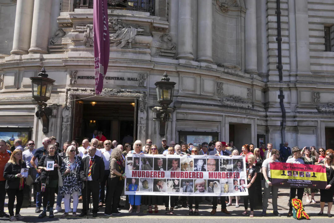 Victims and campaigners after the publication of the infected blood inquiry report outside Central Hall in Westminster, London, on May 20, 2024. (Jeff Moore/PA)