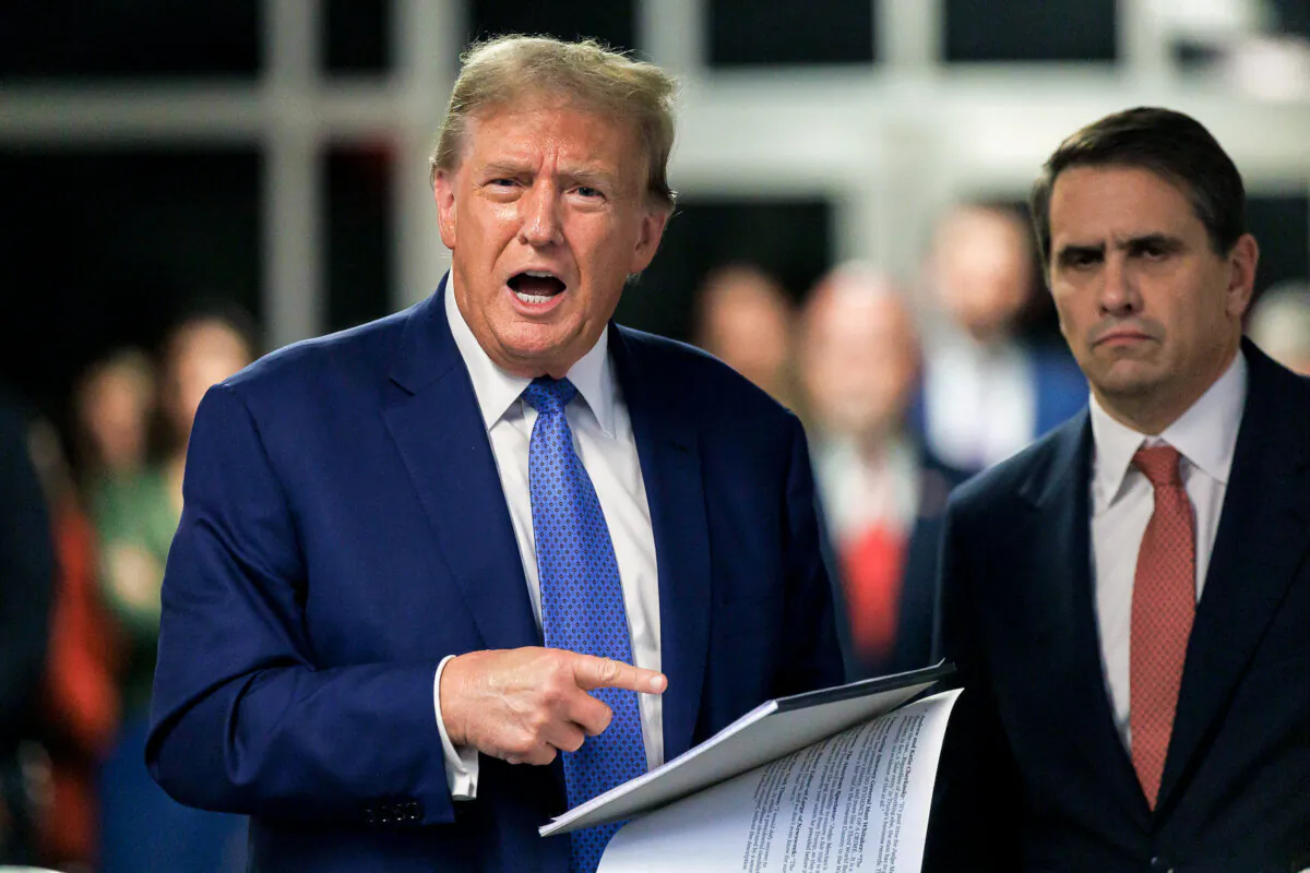 Former President Donald Trump speaks to reporters after leaving court during his trial for allegedly covering up nondisclosure agreement payments, at Manhattan Criminal Court in New York City on May 20, 2024. (Sarah Yenesel-Pool/Getty Images)