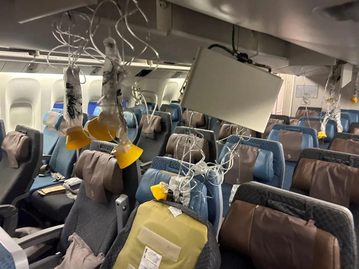 The interior of Singapore Airline flight SG321 is pictured after an emergency landing at Bangkok's Suvarnabhumi International Airport on May 21, 2024. (Stringer/Reuters)