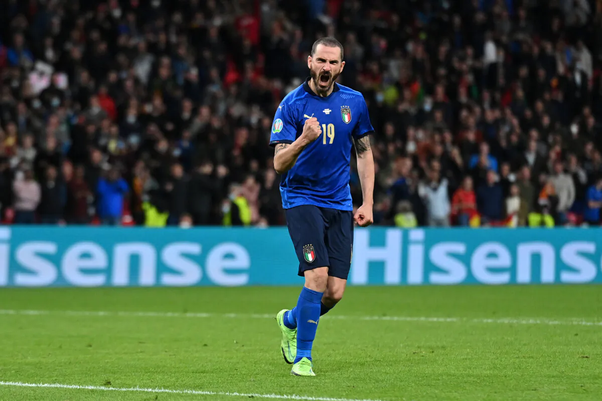 Leonardo Bonucci of Italy celebrates after scoring his team's third penalty during a penalty shoot in during the UEFA Euro 2020 Championship Semi-final match between Italy and Spain at Wembley Stadium in London, England on July 06, 2021. (Justin Tallis - Pool/Getty Images)