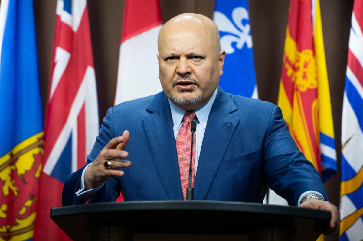 International Criminal Court chief prosecutor Karim Khan speaks at a press conference during his first official visit to Canada on Parliament Hill, in Ottawa, on May 5, 2023. (The Canadian Press/Spencer Colby)