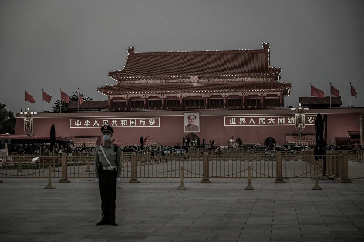 A police officer stands guard at Tiananmen Square in Beijing on Sept. 29, 2022. (Jade Gao/AFP via Getty Images)