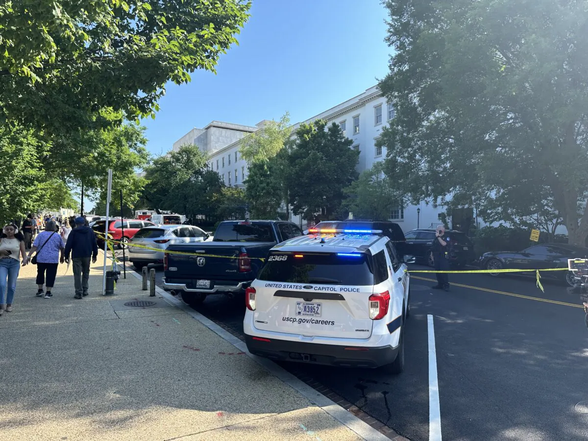 The Republican National Committee building after a suspicious substance arrived on May 22, 2024. (Jackson Richman/Epoch Times)