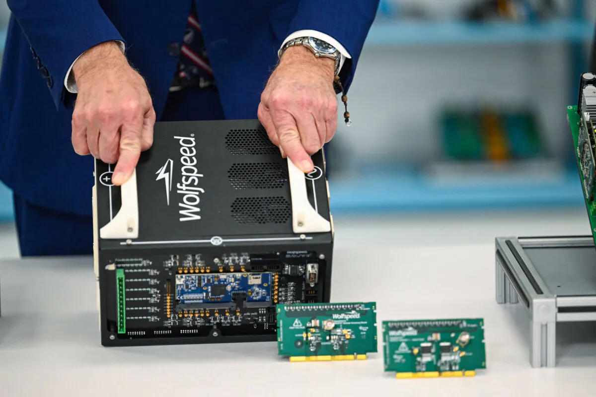 U.S. President Joe Biden visits Wolfspeed, a semiconductor manufacturer, in Durham, North Carolina, on March 28, 2023. (Jim Watson/AFP via Getty Images)
