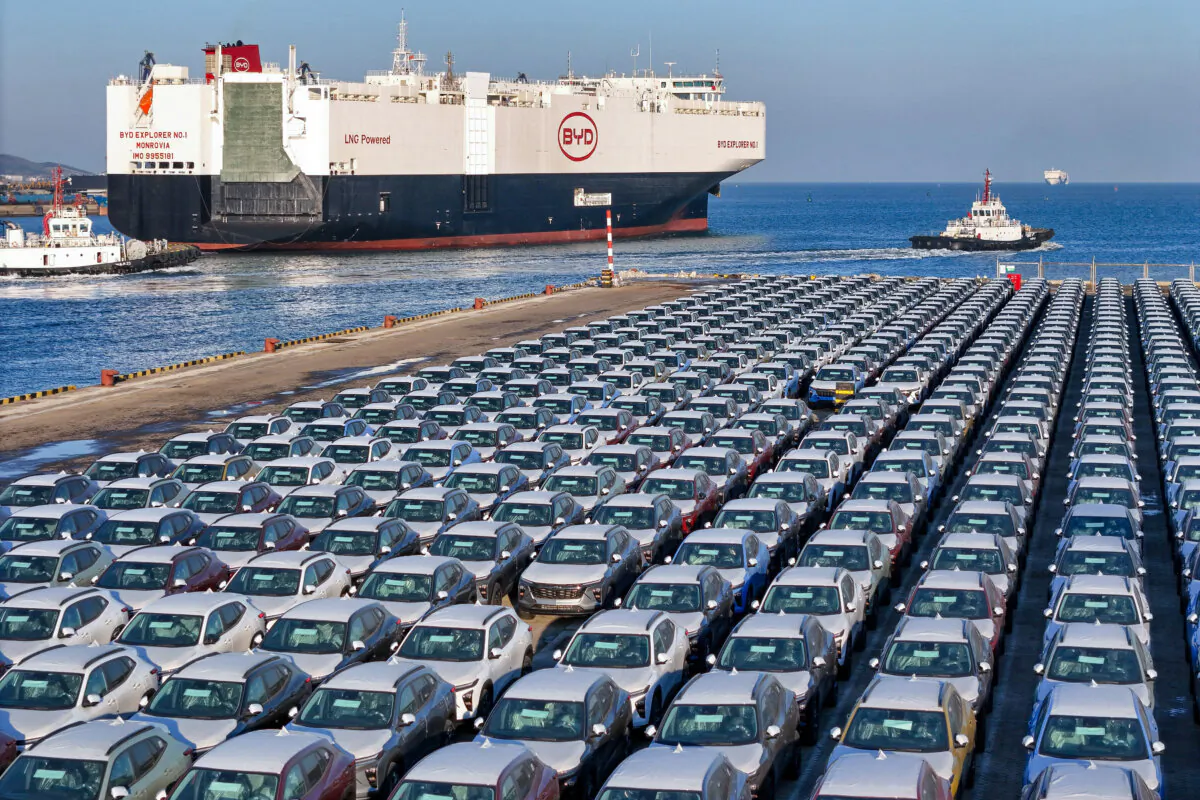 Electric cars for export waiting to be loaded on the "BYD Explorer NO.1," a domestically manufactured vessel intended to export Chinese automobiles, at Yantai port, in eastern China's Shandong Province, on Jan. 10, 2024. (STR/AFP via Getty Images)