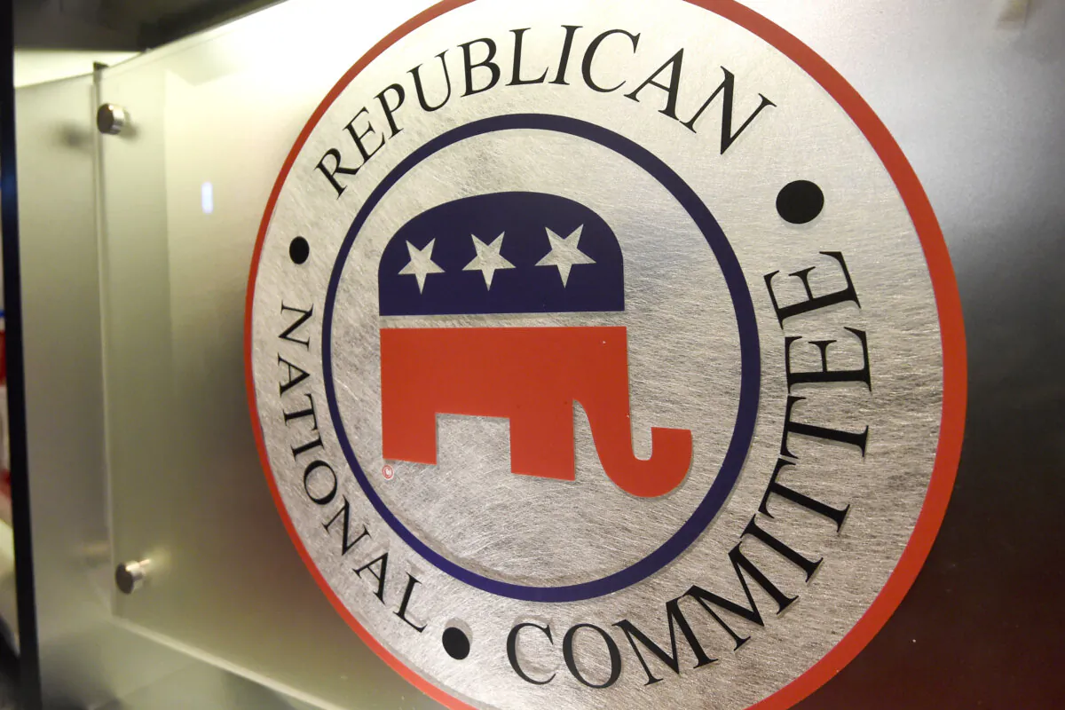 FILE - The Republican National Committee logo is shown on the stage at the North Charleston Coliseum, Jan. 13, 2016, in North Charleston, S.C. The Republican National Committee’s Washington headquarters was briefly evacuated on Wednesday as police investigated vials of blood that had been addressed to former President Donald Trump, the party’s presumptive presidential nominee.  (AP Photo/Rainier Ehrhardt, File)