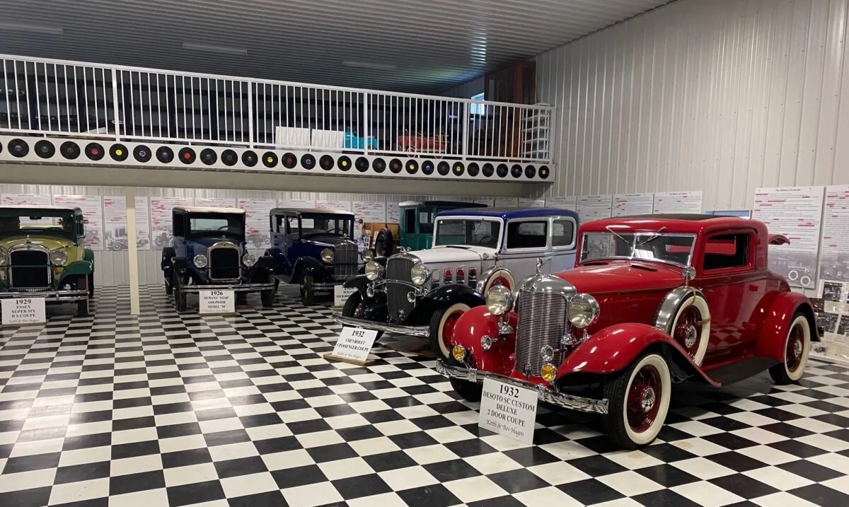 Some of the many restored vintage autos on display at the farm of Keith Hagen in Scotsguard, Sask., on May 18, 2024. (Doug Lett/The Epoch Times).
